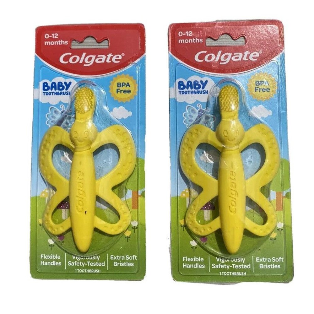 Colgate Baby Toothbrush & Teether X2 Butterfly Yellow BPA Free 0-12 Months New